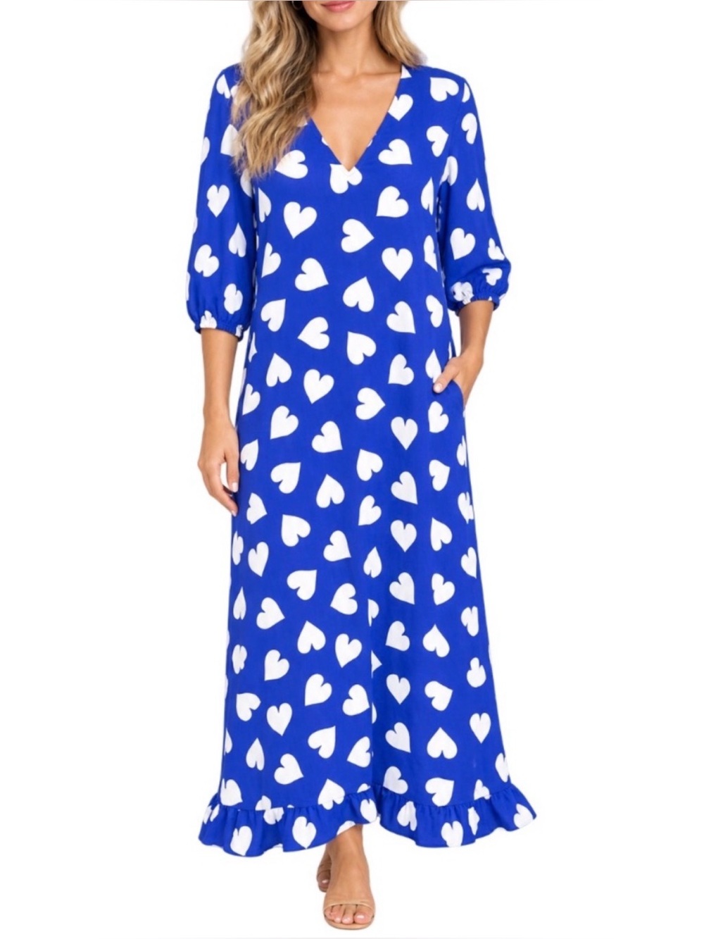 Essential Antwerp Seamus Blue Heart Print Midi Dress Caftan Robe Tie Waist 34/XS